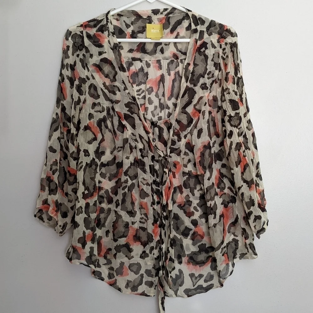 Anthropologie Maeve Sheer Silk Blouse Leopard Print 3/4 Sleeves Size 14 - Picture 1 of 7